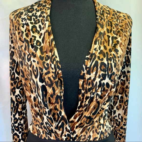 Codigo Brown leopard cheetah animal print longsleeve deep-V bodysuit size medium - Picture 7 of 13